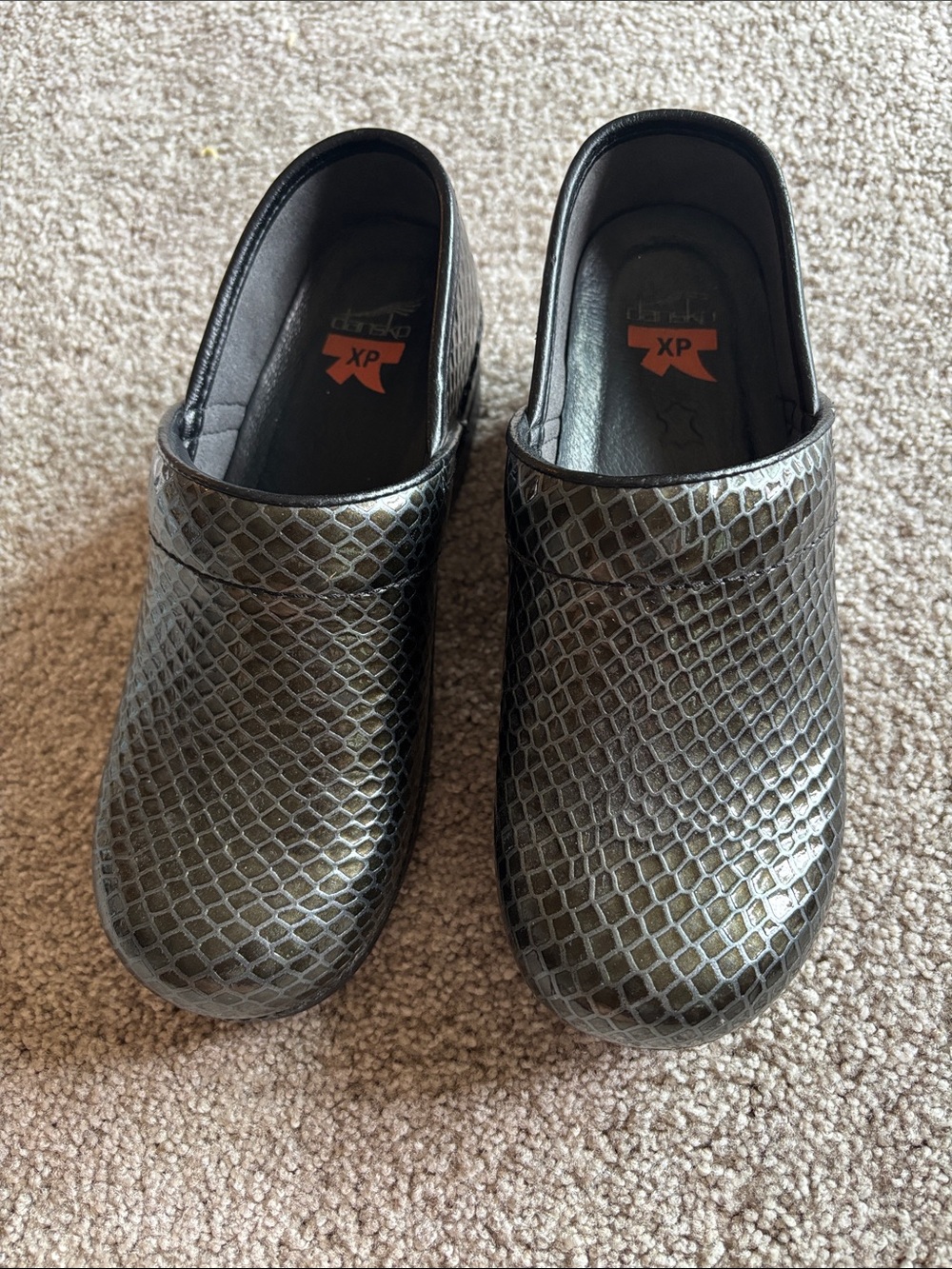Dansko Men’s Slip-On Clogs in Metallic Olive Snake Print